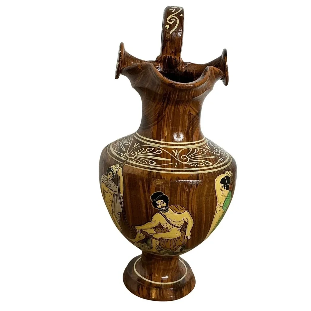 Vintage Greek Hand Painted Pottery Ewer‎ Jug Signed Mid Century MCM Decor